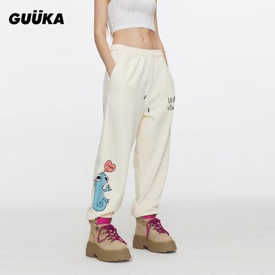 GUUKA立体变色龙休闲运动裤宽松奶 黄色爱心发泡印花束脚卫裤女秋