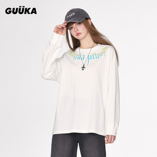 GUUKA潮牌白色重磅长袖T恤女春秋新款纯棉情侣嘻哈破洞打底衫宽松