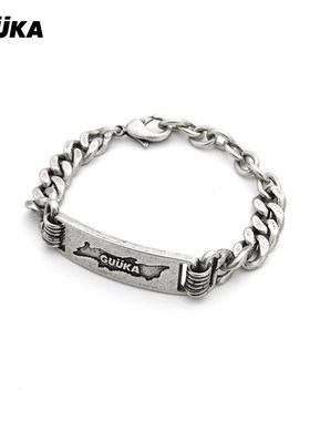 GUUKA潮牌不锈钢合金情侣手链做旧 时尚个性字母牌古巴链新款手饰