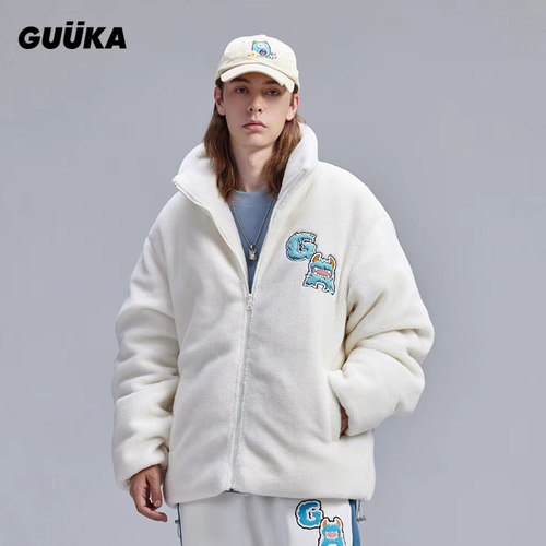 GUUKA白色羽绒服男冬季潮 情侣嘻哈小怪兽刺绣羊羔绒加厚外套宽松