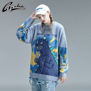 GUUKA潮牌恐龙提花线衣女新款 秋冬嘻哈情侣ins印花毛衣女宽松外穿