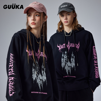 GUUKA黑色哥特风连帽卫衣男重磅纯棉 美式街头字母印花连帽衫宽松