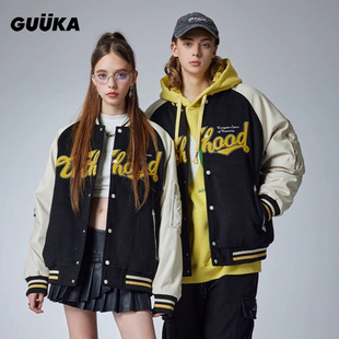 余承恩同款GUUKA潮牌美式棒球棉服宽松 拼接PU皮棉袄刺绣棉衣外套