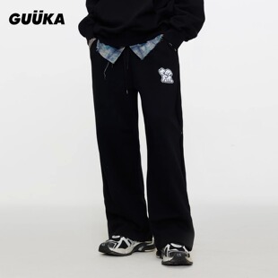 聂玮辰同款GUUKA小狗排扣裤子情侣直筒卫裤宽松 matsui联名潮长裤