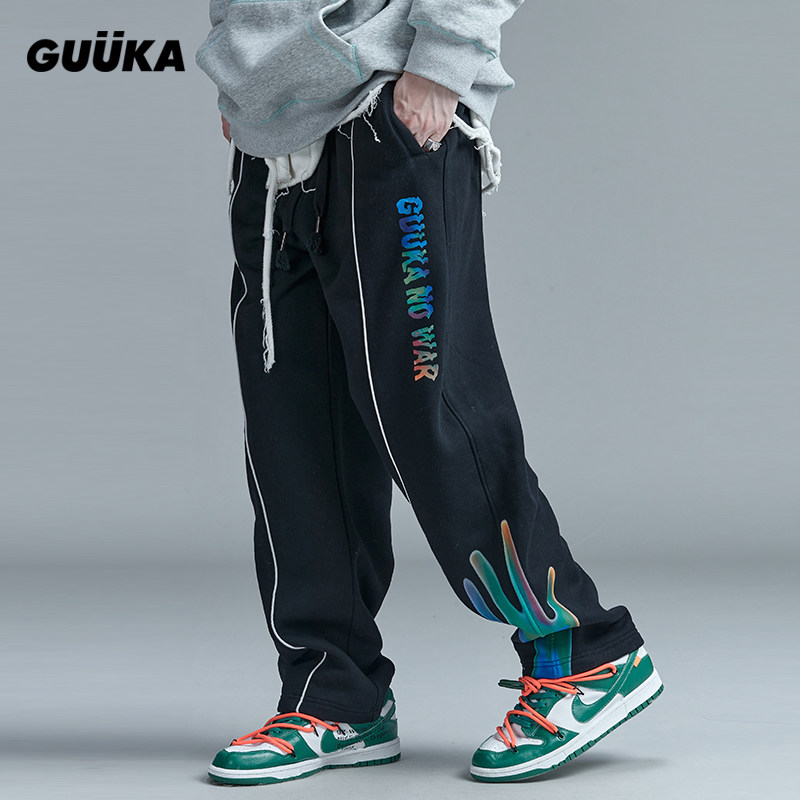 GUUKA潮牌黑色加绒卫裤男冬季 学生嘻哈数码印运动直筒裤收口宽松,男装,卫裤,淘宝优惠券,粉丝福利购,淘宝优惠卷