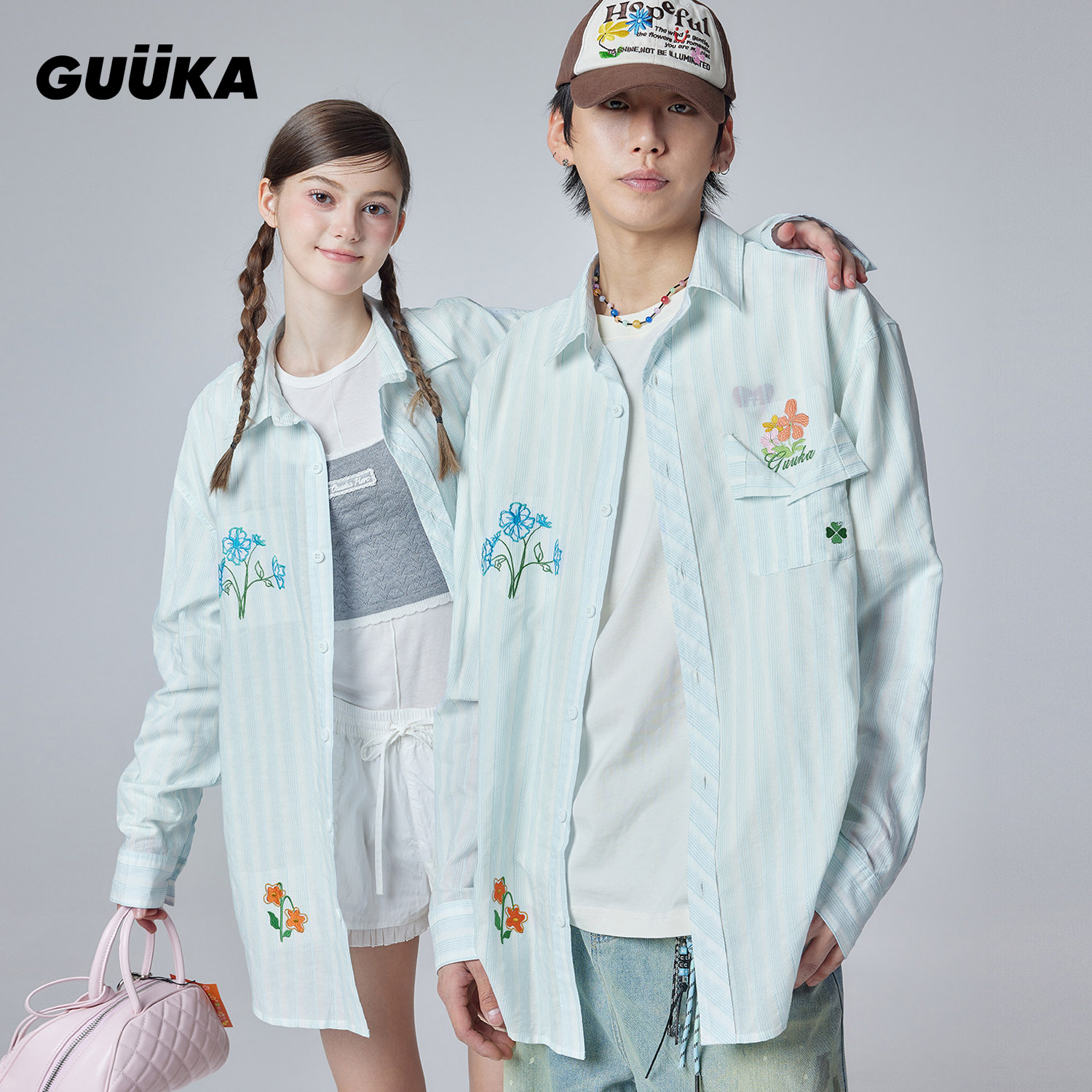 GUUKA花朵刺绣莱赛尔翻领衬衣外套落肩 潮牌蓝白条纹长袖衬衫男款,男装,衬衫,淘宝优惠券,粉丝福利购,淘宝优惠卷