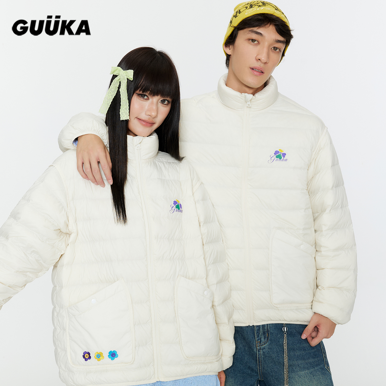 【防水尼龙】GUUKA90潮牌白鸭绒冬季外套 白色轻薄排骨羽绒服男款