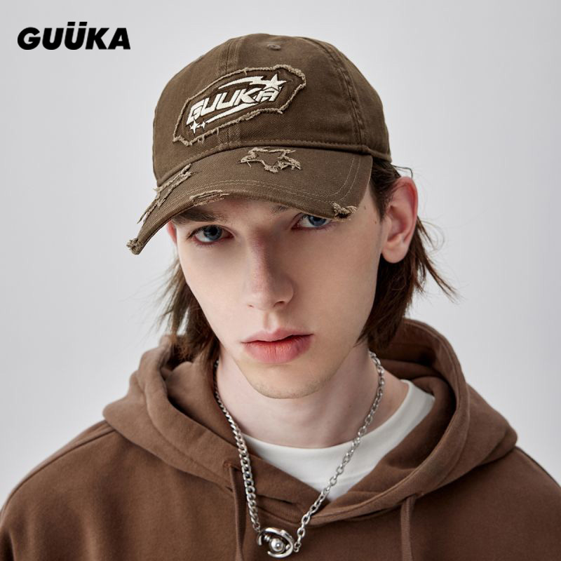 GUUKA美拉德水洗做旧鸭舌帽女遮阳防晒 棕色星星刺绣棒球帽男新款