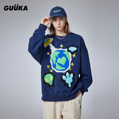 GUUKA绒感刺绣地球秋季上衣宽松 宝蓝色嘻哈小怪兽圆领重磅卫衣男
