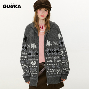 张函瑞同款GUUKA费尔岛连帽开衫针织衫绵羊毛衫 猫咪提花毛衣外套