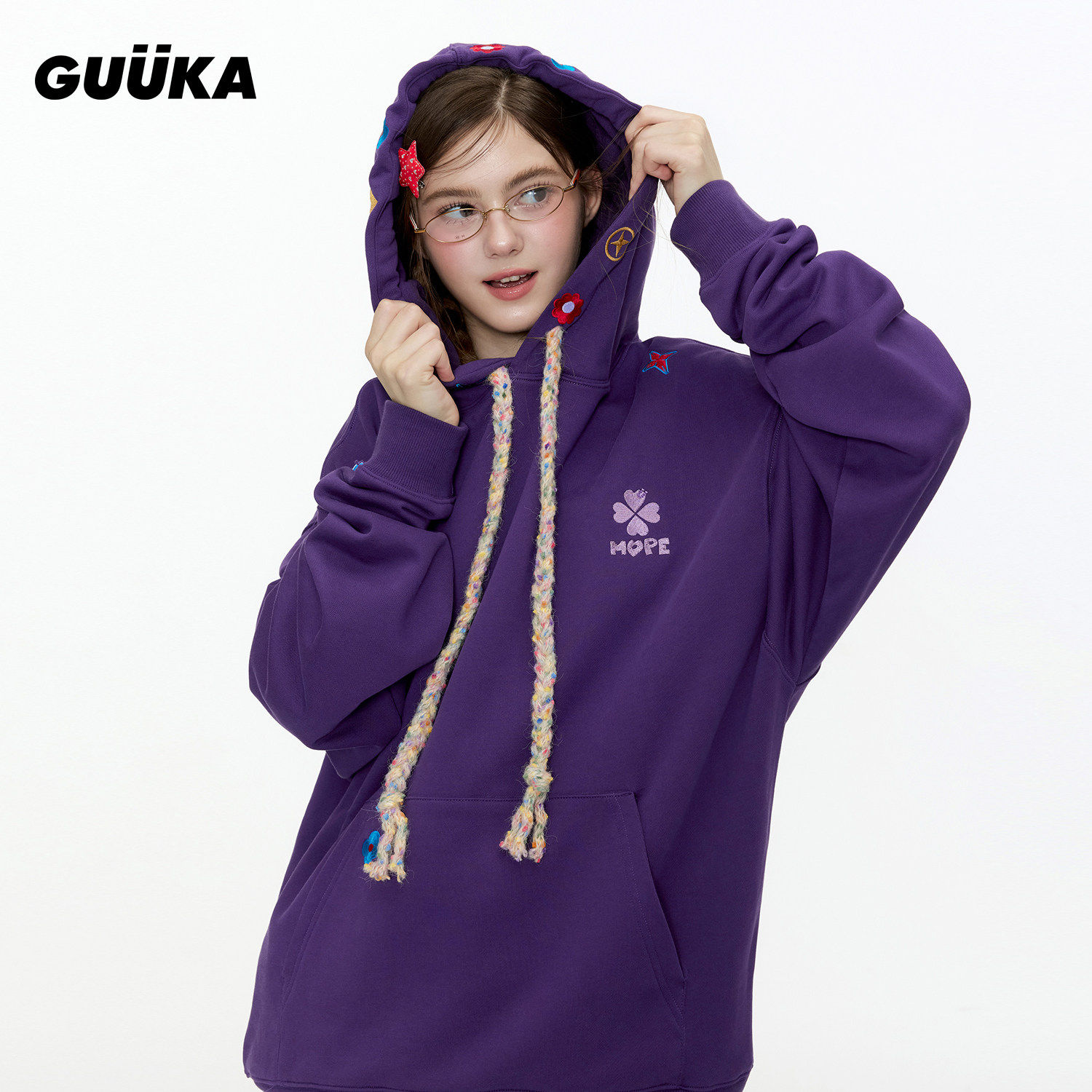 GUUKA花卉刺绣加绒连帽卫衣女