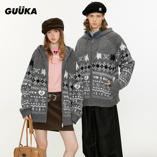 张函瑞同款GUUKA猫咪提花毛衣绵羊毛开衫外套 费尔岛男连帽针织衫