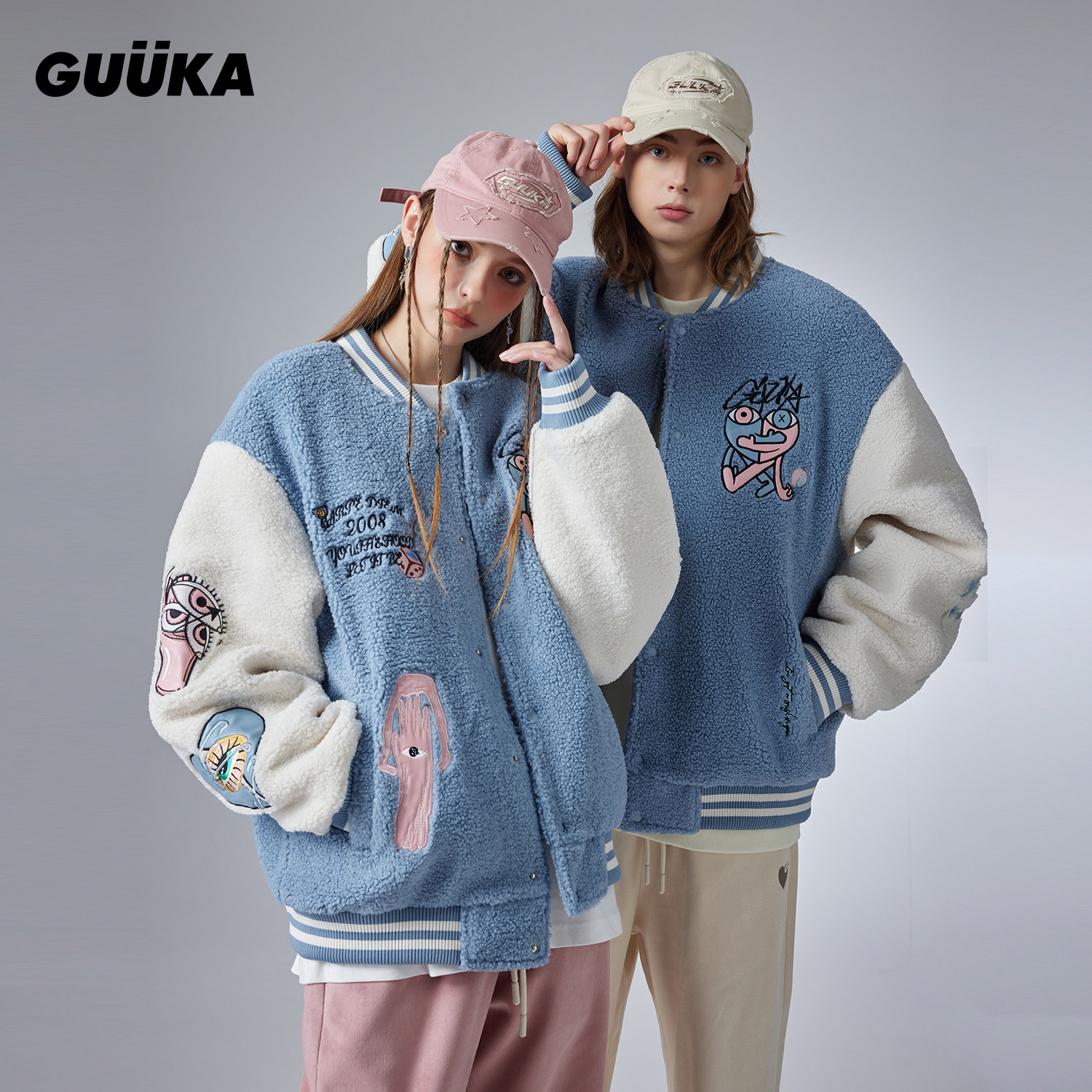 GUUKA潮牌设计感刺绣棉衣棉袄宽松 蓝色羊羔绒外套男冬季棒球棉服