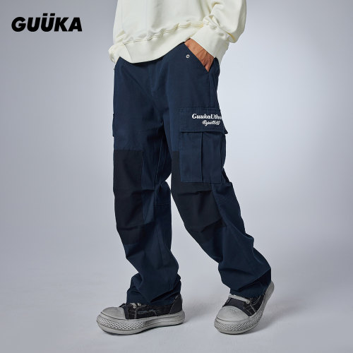 GUUKA美式拼接收褶裤子宽松显瘦 藏蓝色刺绣直筒工装裤男春秋新款