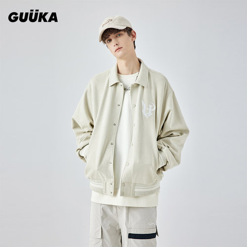 陈鑫海同款GUUKA情侣麂皮绒刺绣外套宽松 浅杏色美式棒球服夹克男