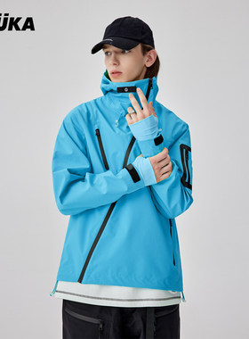GUUKA TECH机能风湖蓝色硬壳冲锋衣外套男秋新款户外防水风衣宽松