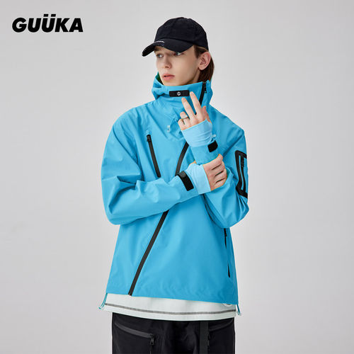 GUUKA TECH机能风湖蓝色硬壳冲锋衣外套男春秋款户外防水风衣宽松