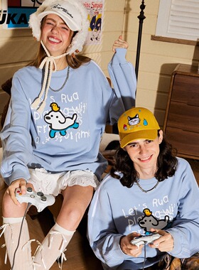 GUUKA春季条纹套头衫女宽松上衣 matsui联名冰蓝色小狗圆领卫衣男