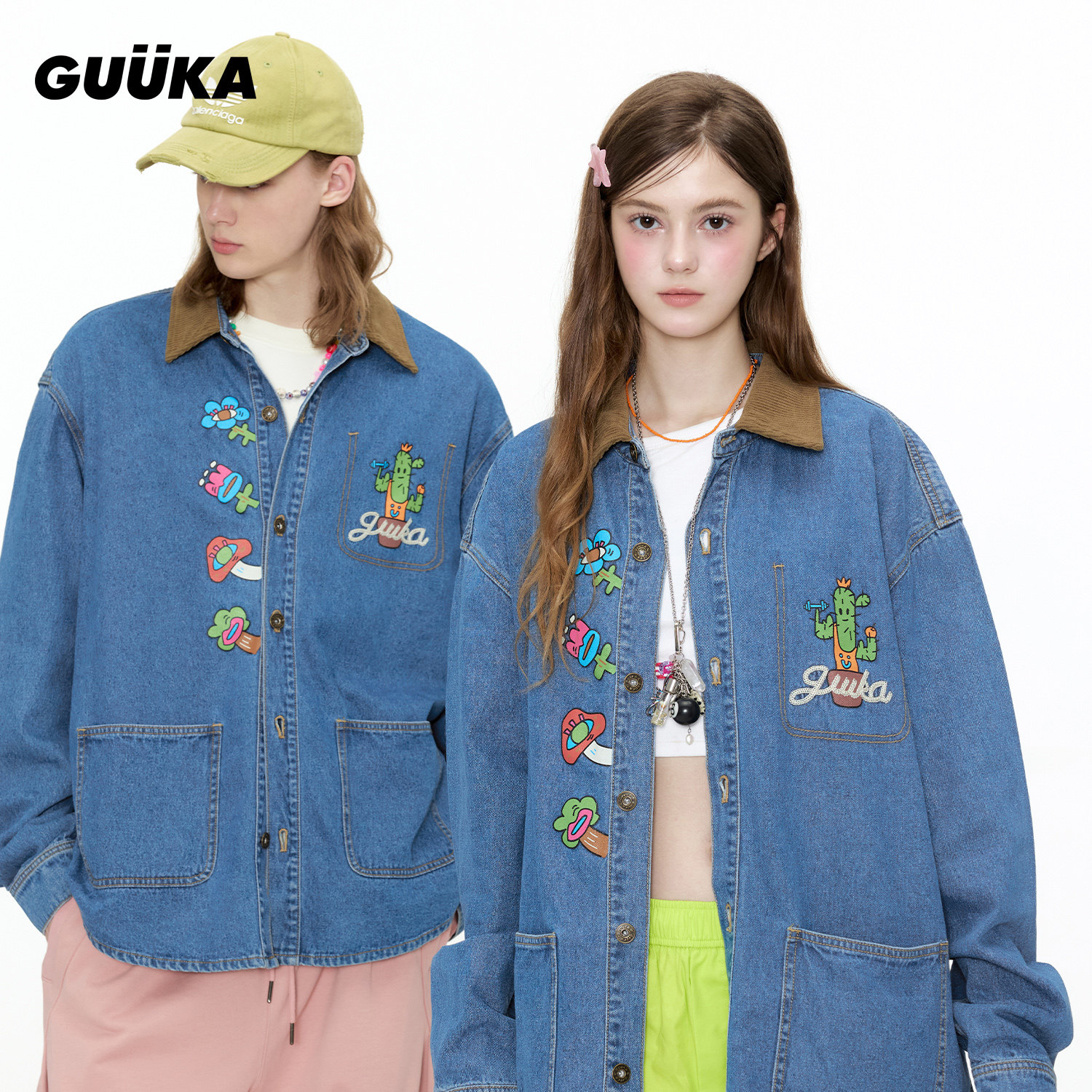 GUUKA潮牌灯芯绒翻领正肩薄款外套 蓝色牛仔衬衫男仙人掌长袖衬衣