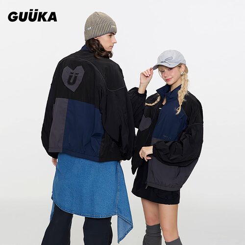 GUUKA嘻哈拼接撞色立领外套宽松 潮牌黑色爱心刺绣休闲夹克男春秋