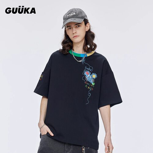 黄誉博同款GUUKA撞色圆领短袖线团老鼠侧边口袋半袖重磅上衣宽松