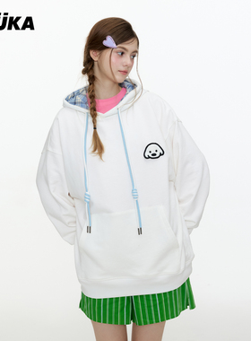 周深同款GUUKA格子连帽衫落肩上衣matsui联名小狗刺绣白色卫衣女