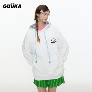 周深同款GUUKA格子连帽衫落肩上衣matsui联名小狗刺绣白色卫衣女
