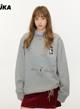 杨博文同款GUUK珠绣加绒加厚圆领上衣 猫咪刺绣花灰色正肩卫衣冬