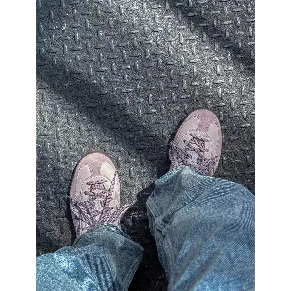 Samba德训鞋复古紫色真皮韩版德训鞋夏季新款圆头系带低帮休闲鞋