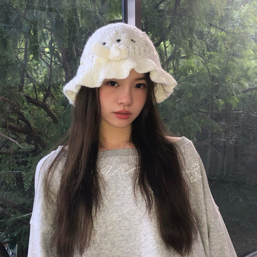纯手工钩针！立体花朵甜美针织帽