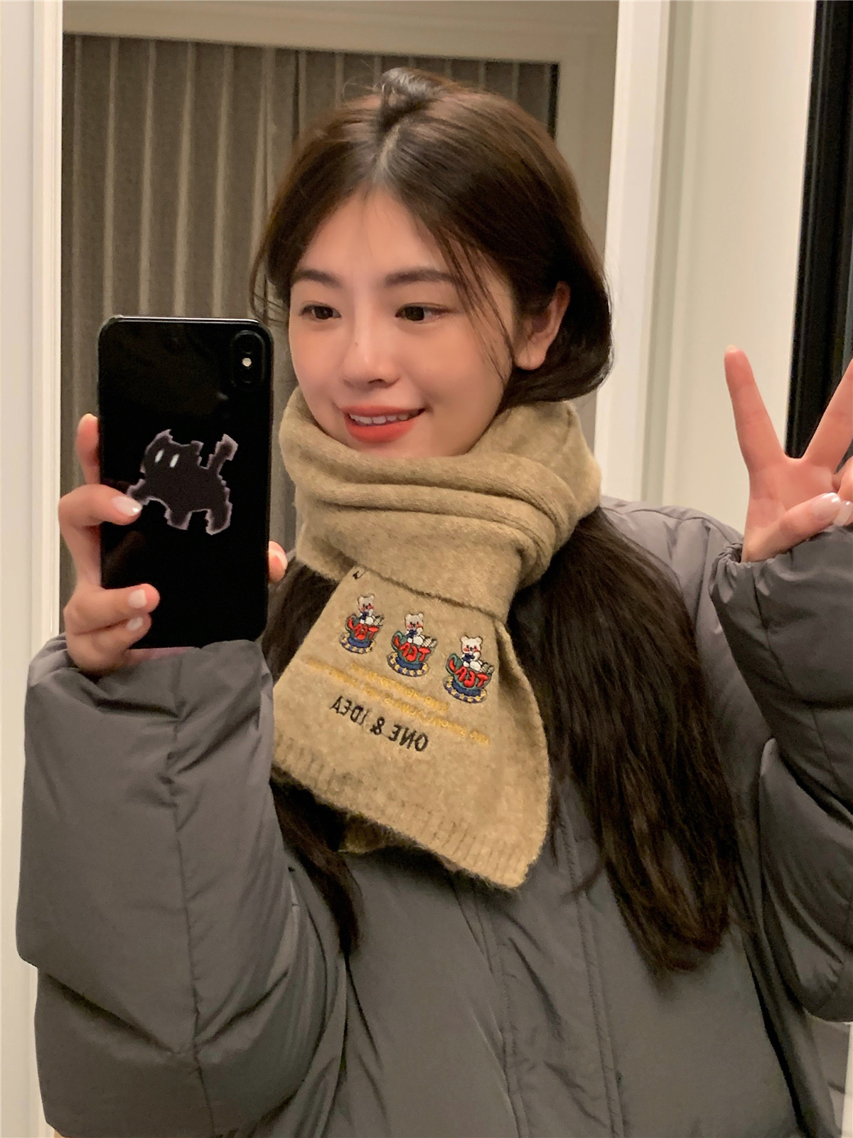 可爱小熊刺绣日系含羊毛软糯围巾