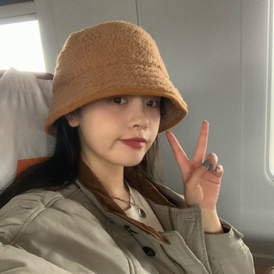 大头星人bi入 潮水桶盆帽 日系百搭羊羔毛保暖渔夫帽子女冬天韩版
