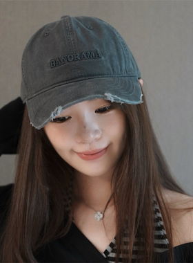 盐系感～水洗字母软顶灰色棒球帽子女百搭大头围显脸小鸭舌帽男潮