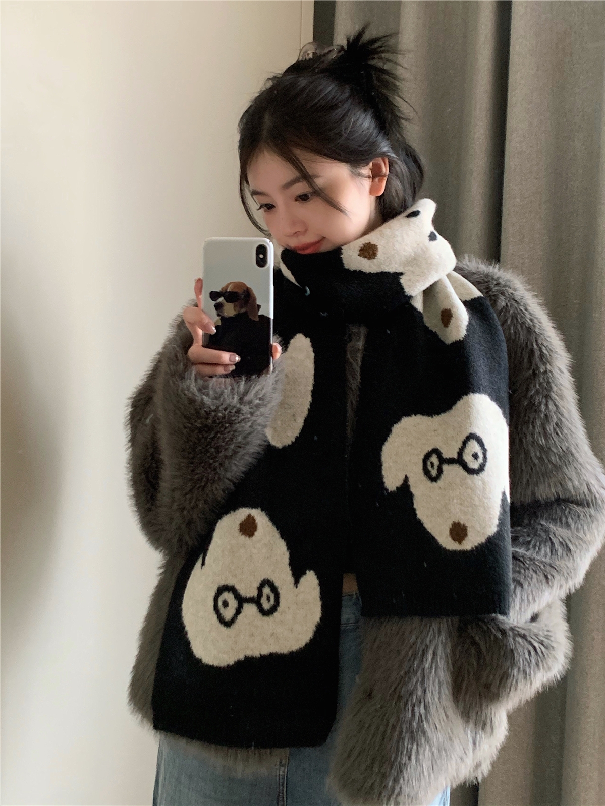 可爱小狗！日系百搭含羊毛围巾女2025冬季新保暖加厚针织围脖学生