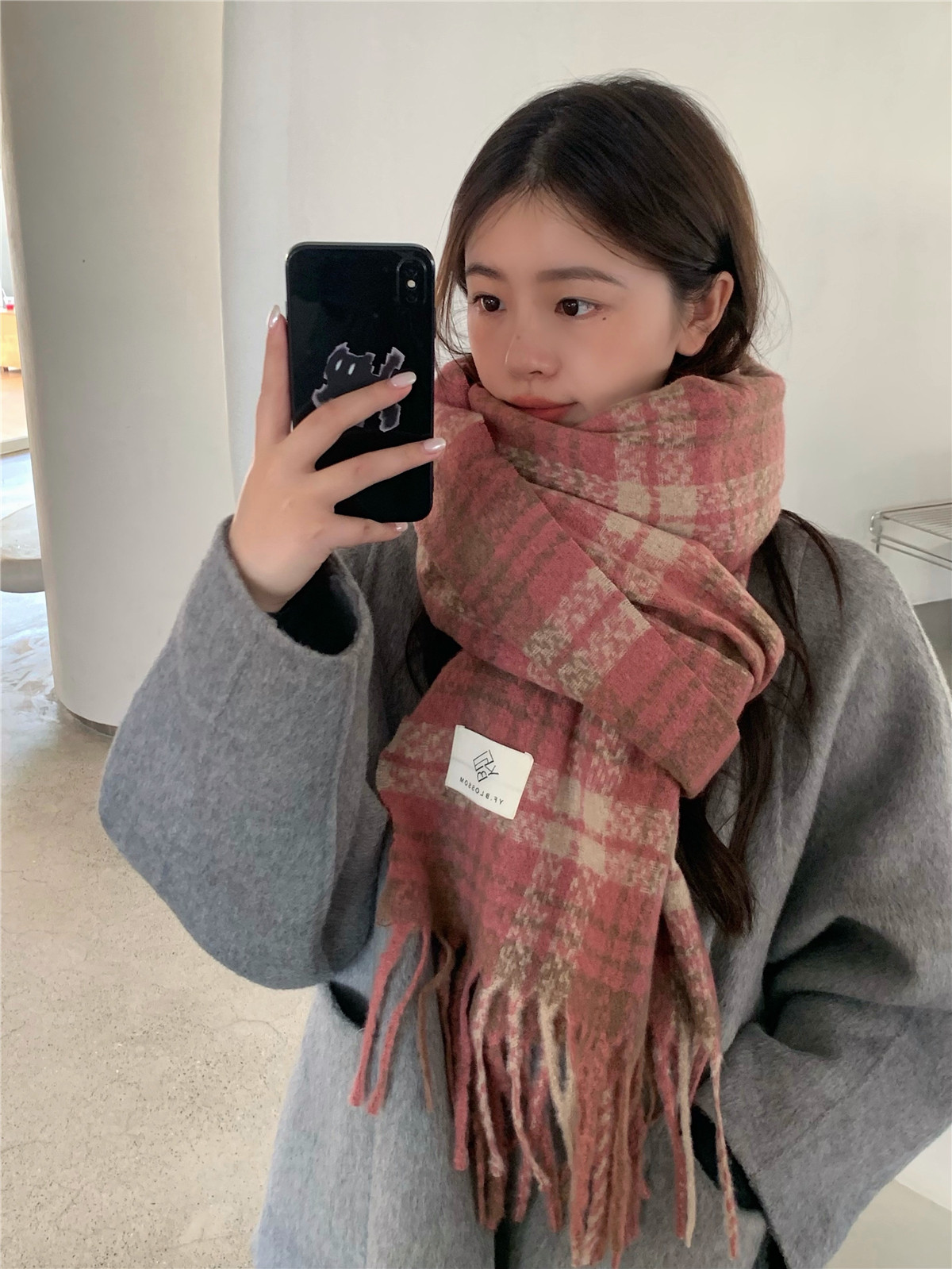丁走走英伦复古粉色格子流苏围巾女冬季保暖仿羊绒围脖长款披肩潮