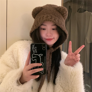 丁走走韩版系绳可爱小熊耳朵毛线帽子女秋冬季保暖毛绒护耳雷锋帽