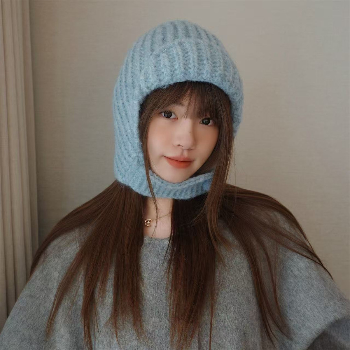 丁走走韩版纯色粗针织护耳帽子女秋冬保暖包头毛线帽显脸小雷锋帽