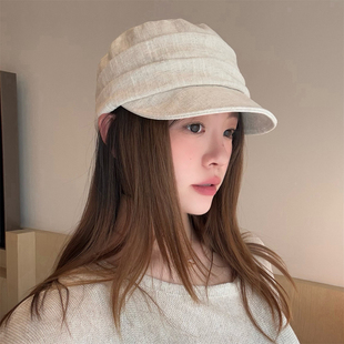 丁走走日系透气棉麻褶皱马术帽子女2026春夏复古百搭报童帽显脸小