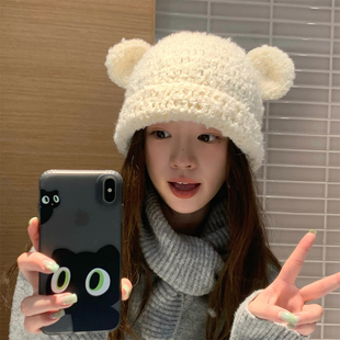 软糯糯!日系可爱手工耳朵小熊帽子女秋冬保暖护耳针织帽显脸小潮