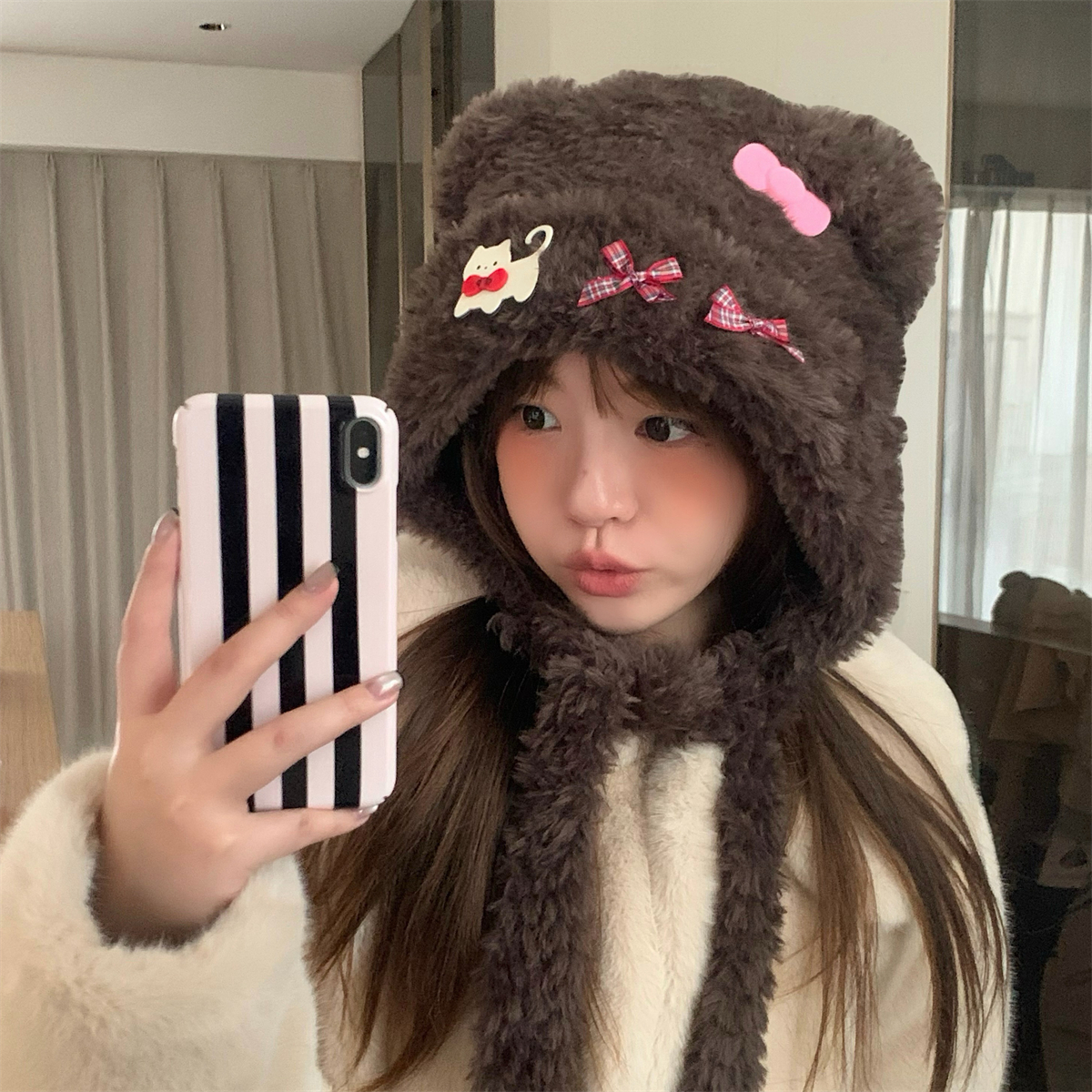 丁走走可爱小熊毛绒针织帽女冬季加厚保暖护耳显脸小雷锋帽大头围