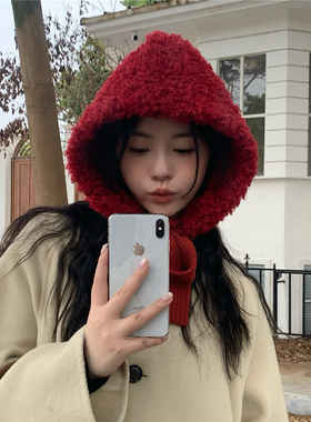 圣诞小红帽~巴拉克拉法帽子女秋冬新款韩版ins保暖毛绒护耳包头帽