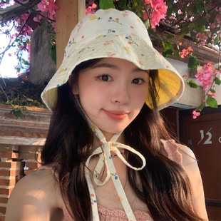 自留款 出游遮阳帽子女 日系碎花可爱双面渔夫帽大帽檐防晒帽夏季