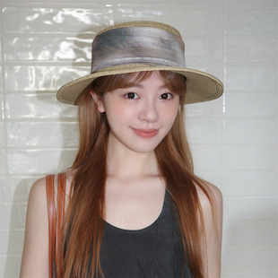 丁走走江南文艺气质水墨扎染丝带平顶草帽子女百搭度假出游遮阳帽