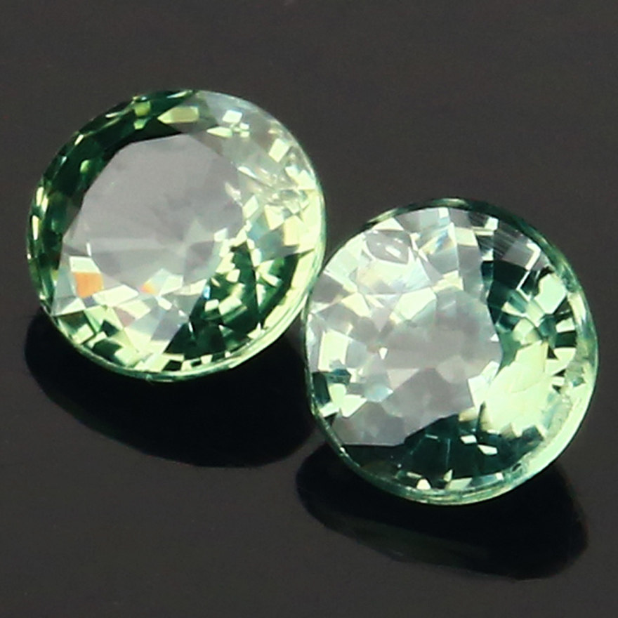 NGTC国检1.25ct正圆钻形类钻彩绿色天然蓝宝石戒面裸石耳坠面一对