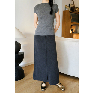 三良晨晨 亲肤高弹羊毛混纺针织半裙a字中长款高腰抽绳开叉包臀裙