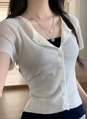 miu系夏新款甜美百搭修身显瘦假两件V领简约短袖薄款针织衫上衣女