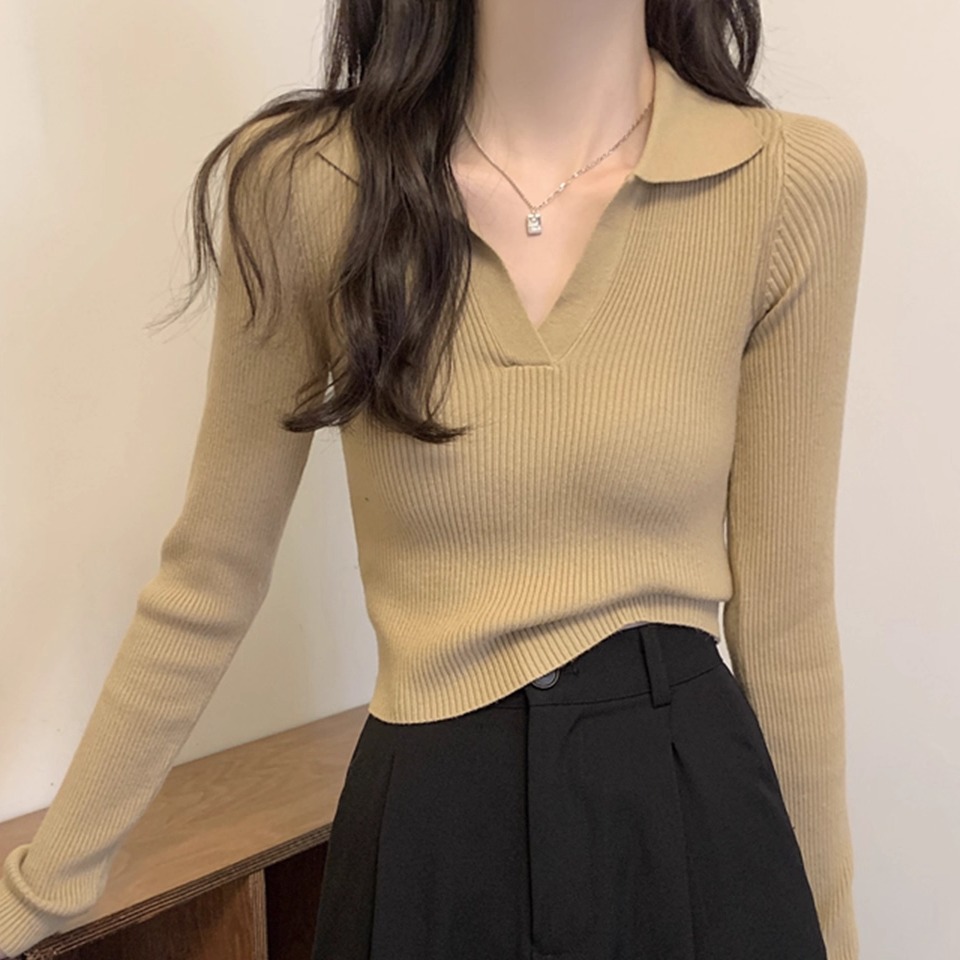 polo领细软羊毛针织衫长袖女毛衣
