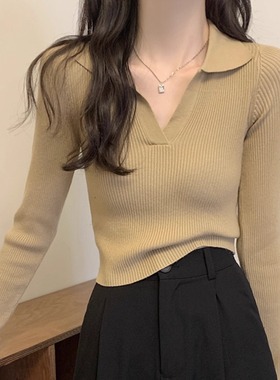 miu系秋款气质温柔修身polo领细软羊毛针织衫打底内搭长袖女毛衣