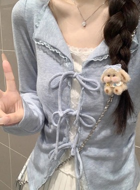 miu系秋季温柔风假两件纯欲蕾丝拼接系带设计长袖打底T恤女上衣