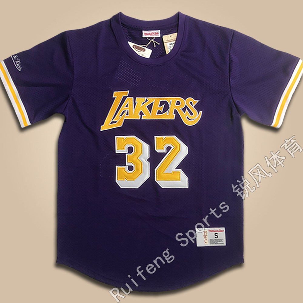 美版全刺绣湖人32号魔术师约翰逊球衣紫色短袖网眼密绣篮球服T恤
